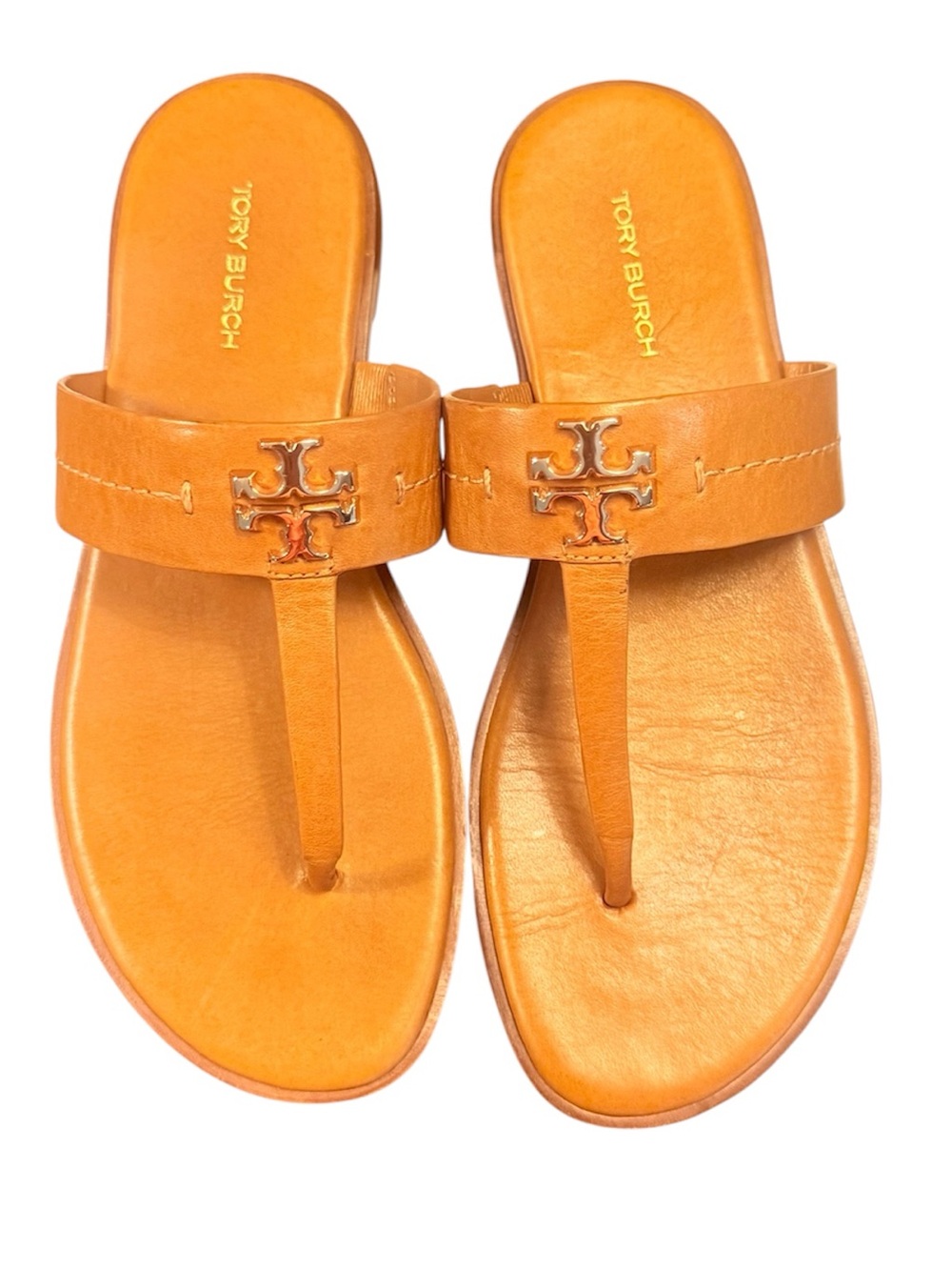 Tory Burch Tan Leather Mini Everly Thong Sandals with Logo Accent Size 6 $248